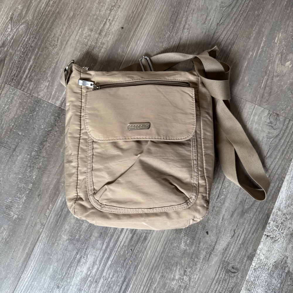 Baggallini Town Bagg Lightweight Nylon Crossbody Bag Beige  RFID Safe